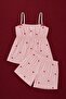 Pink Women's Striped Heart Patterned Strappy Shorts Pajama Set - 3