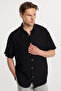 Oversize Seasonal Linen Textured Loose Fit Short Sleeve Comfortable Men's Black Shirt - 4