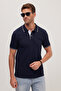 Men's Slim Fit Slim Fit 100% Cotton Soft Textured Cool Fabric Solid Navy Blue Polo Neck T-Shirt - 2