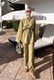 Women's Folded Sleeve Detail Shirt Collar Waist Tie Suit Fat Green - 2