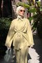 Women's Folded Sleeve Detail Shirt Collar Waist Tie Suit Fat Green - 10