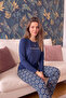 Navy Blue Floral Days Patterned Long Sleeve Bamboo Knitted Women's Pajama Set - 2