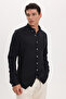 Men's slim fit 100% cotton linen textured button-down collar black shirt - 3