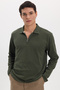 Men's standard fit regular cut cotton long sleeve zippered khaki polo collar sweatshirt - 3