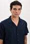 Men's oversized wide fit 100% cotton striped short sleeve polo collar navy shirt - 4