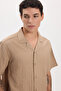 Men's Oversize Wide Cut 100% Cotton Striped Short Sleeve Lapel Collar Brown Shirt - 4