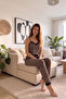 Coffee Leopard Print Lace Strappy Knit Women's Pajama Set - 7
