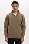 Unisex relax fit comfortable cut cotton fleece lined half zipper khaki high neck sweatshirt