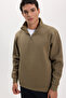 Unisex relax fit comfortable cut cotton fleece lined half zipper khaki high neck sweatshirt - 4