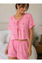 Women's Pink Striped Front Tie Short Sleeve Shorts Pajama Set - 3