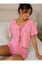 Women's Pink Striped Front Tie Short Sleeve Shorts Pajama Set