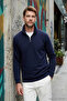 Unisex Relax Fit Comfortable Cut Cotton Fleece Inside Half Zipper Navy Blue D Mock Neck Sweatshirt - 7