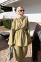 Women's Folded Sleeve Detail Shirt Collar Waist Tie Suit Fat Green - 4