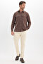 Men's Regular Fit Classic Cut Oversized 100% Cotton Linen Texture Double Pocket Brown Shirt - 2
