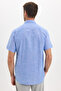 Men's Regular Fit Classic Cut Oversize 100% Cotton Linen Texture Pocketed Striped Short Sleeve Cobalt Blue Shirt - 8