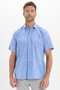 Men's Regular Fit Classic Cut Oversize 100% Cotton Linen Texture Pocketed Striped Short Sleeve Cobalt Blue Shirt