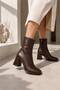 Women's Light Brown Blunt Toe Heeled Boots - 2