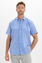 Men's Regular Fit Classic Cut Oversize 100% Cotton Linen Texture Pocketed Striped Short Sleeve Cobalt Blue Shirt - 3