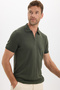 Men's Slim Fit 100% Cotton Knitted Knitwear Zippered Khaki Polo Collar T-Shirt - 4