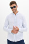 Men's Slim Fit Slim Fit 100% Cotton Button Collar Striped Long Sleeve Pocketed Linen Effect Blue Shirt - 4