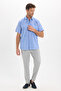 Men's Regular Fit Classic Cut Oversize 100% Cotton Linen Texture Pocketed Striped Short Sleeve Cobalt Blue Shirt - 2