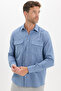 Men's Regular Fit Classic Cut Oversize 100% Cotton Linen Texture Double Pocket Indigo Shirt - 4