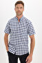 Men's regular fit casual button-down collar checkered short sleeve cotton navy shirt