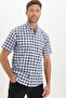 Men's regular fit casual button-down collar checkered short sleeve cotton navy shirt - 3