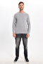 Men's Slim Fit Crew Neck Honeycomb Patterned Gray Knitwear Sweater - 2