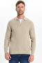 Men's Standard Fit Regular Cut Cotton Polo V-Neck Stone Sweater - 7