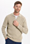 Men's Standard Fit Regular Cut Cotton Polo V-Neck Stone Sweater - 3