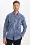 Classic Fit Long Sleeve Buttoned Collar Small Checkered Cotton Navy Blue Men's Shirt