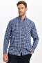 Classic Fit Long Sleeve Buttoned Collar Small Checkered Cotton Navy Blue Men's Shirt - 5