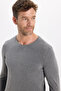 Men's Standard Fit Regular Cut Crew Neck Gray Knitwear Sweater - 6