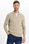 Men's Standard Fit Regular Cut Cotton Polo V-Neck Stone Sweater