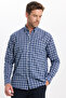Classic Fit Long Sleeve Buttoned Collar Small Checkered Cotton Navy Blue Men's Shirt - 3