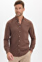 Men's Slim Fit Slim Fit Plain Oxford Embroidered Button-Down Collar Brown Sports Shirt - 3