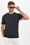 Men's Regular Fit Comfortable Cut Crew Neck Jacquard Black T-Shirt with White Stripes - 4