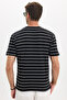 Men's Regular Fit Comfortable Cut Crew Neck Jacquard Black T-Shirt with White Stripes - 8
