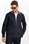Men's Regular Fit Comfortable Cut Velvet Collar Zippered Denim Navy Blue Jacket Shirt - 5