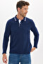 Men's Slim Fit 100% Cotton Long Sleeve Navy Blue Polo Collar Sweatshirt - 3