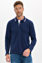Men's Slim Fit 100% Cotton Long Sleeve Navy Blue Polo Collar Sweatshirt