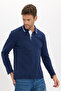 Men's Slim Fit 100% Cotton Long Sleeve Navy Blue Polo Collar Sweatshirt - 7