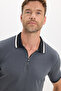 Men's slim fit 100% cotton short sleeve half-zip anthracite polo shirt - 5