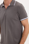 Men's Slim Fit 100% Cotton Jacquard Plain Collar and Sleeve Detail Gray Polo Neck T-Shirt - 6