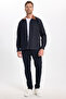 Men's Regular Fit Comfortable Cut Velvet Collar Zippered Denim Navy Blue Jacket Shirt - 2