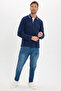 Men's Slim Fit 100% Cotton Long Sleeve Navy Blue Polo Collar Sweatshirt - 2