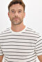 Men's Regular Fit Comfortable Cut Crew Neck Jacquard White T-Shirt with Black Stripes - 4