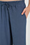Women's Regular Fit Classic Cut Cotton Indigo Trousers with Lace-Up Waist and Patterned Double Pockets - 6
