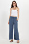 Women's Regular Fit Classic Cut Cotton Indigo Trousers with Lace-Up Waist and Patterned Double Pockets